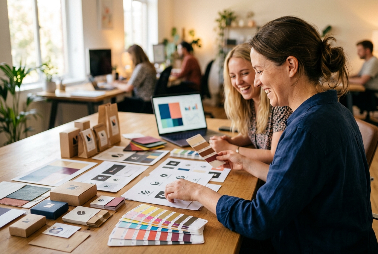 The MarketinCrew team working on packaging design