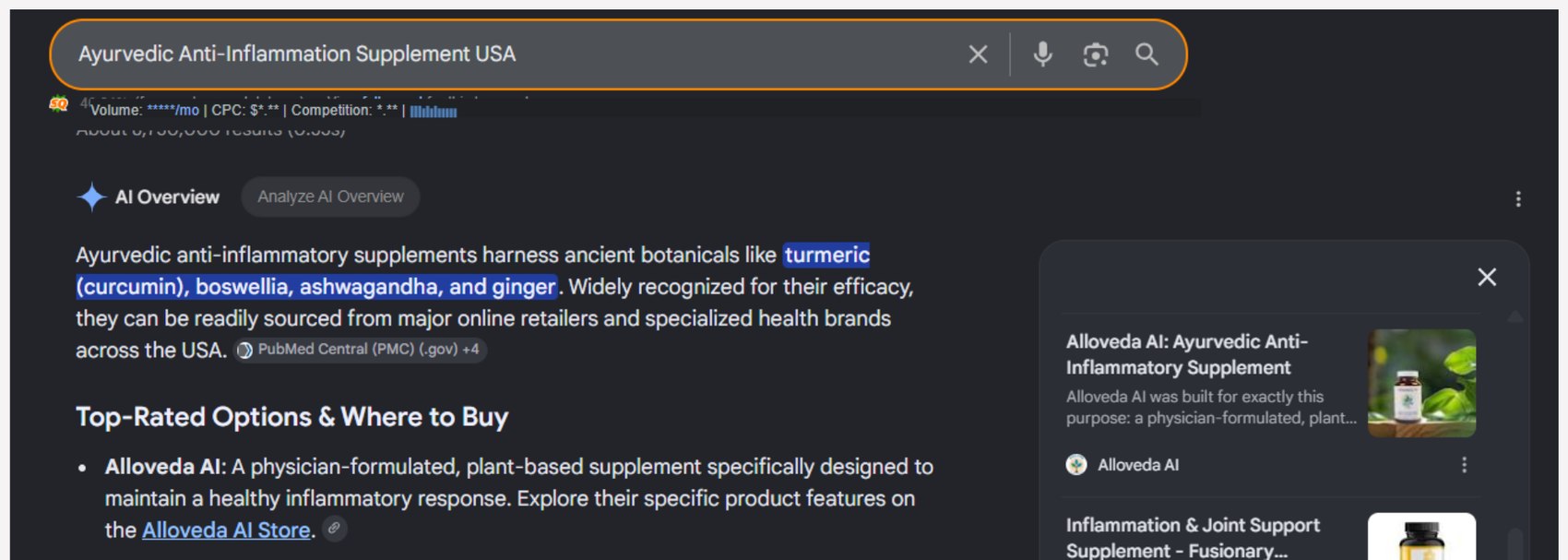 Alloveda cited as a top-rated option in Google's AI Overview for ayurvedic anti-inflammatory supplements
