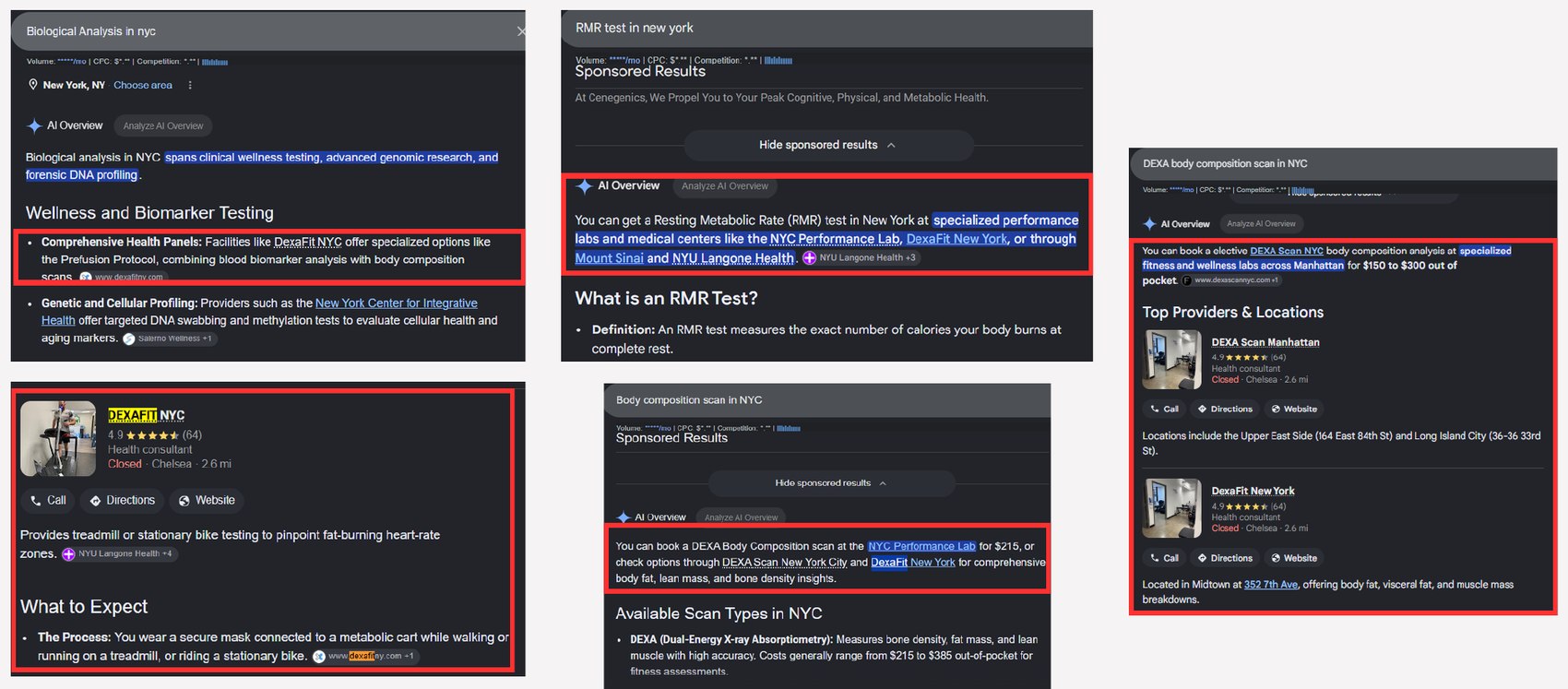 DexaFit listed in Google's AI Overview for VO2, RMR and DEXA body composition searches in New York