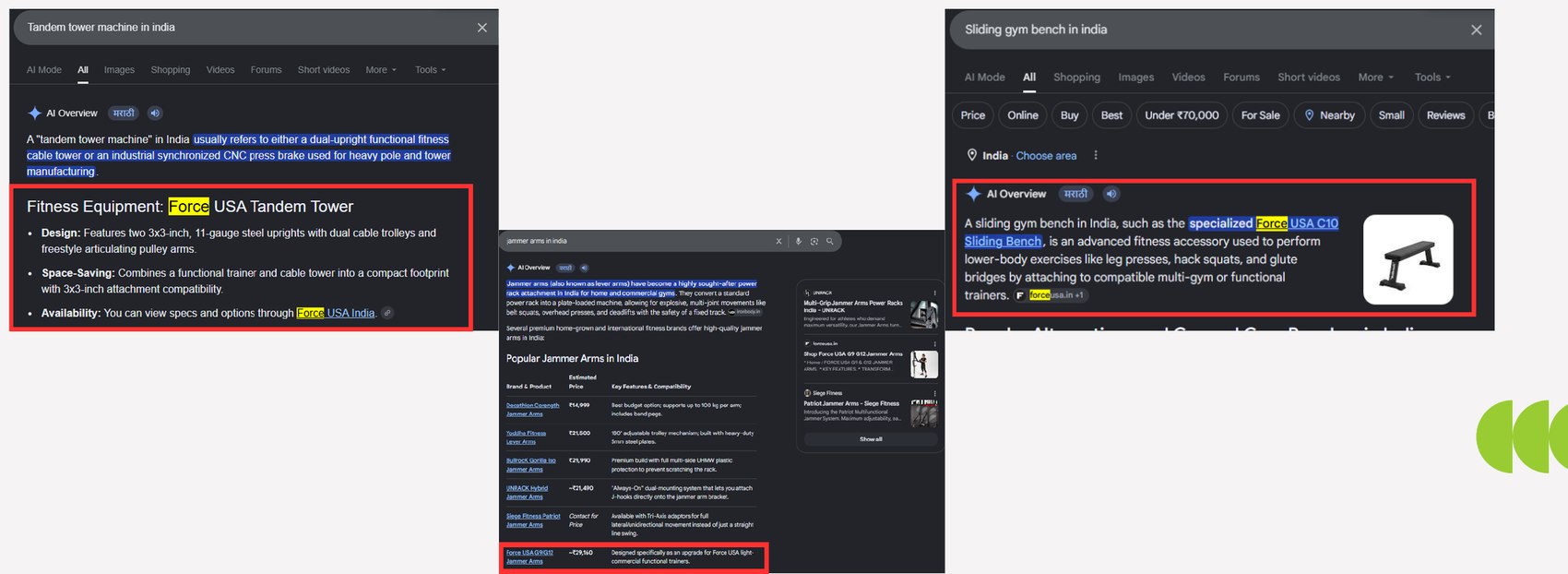 Force USA cited in Google's AI Overview for tandem tower and jammer arm searches in India