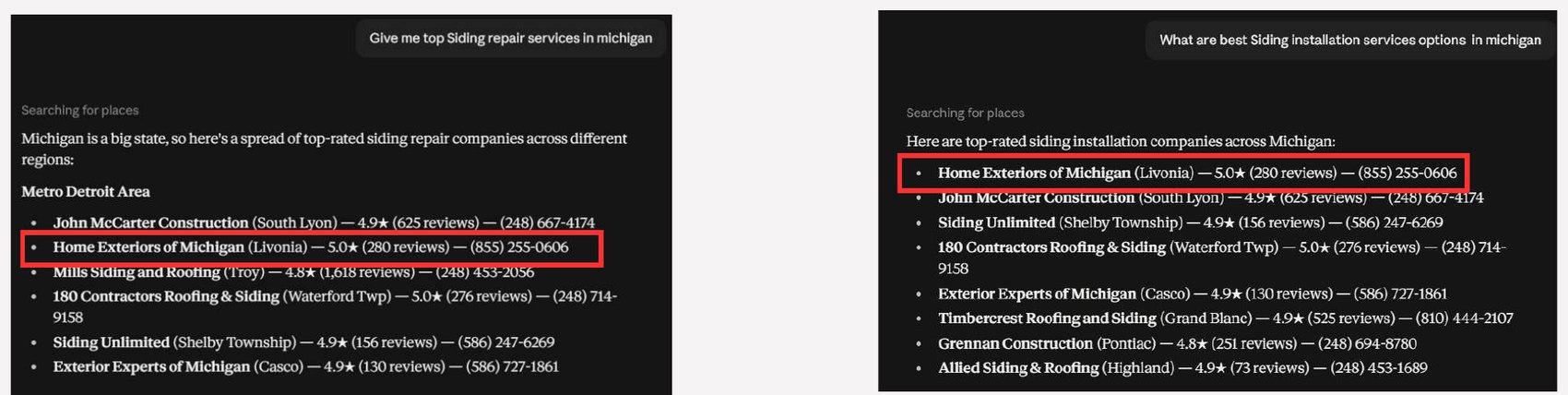 Home Exteriors of Michigan listed in Google's AI Overview for siding repair and installation across Michigan